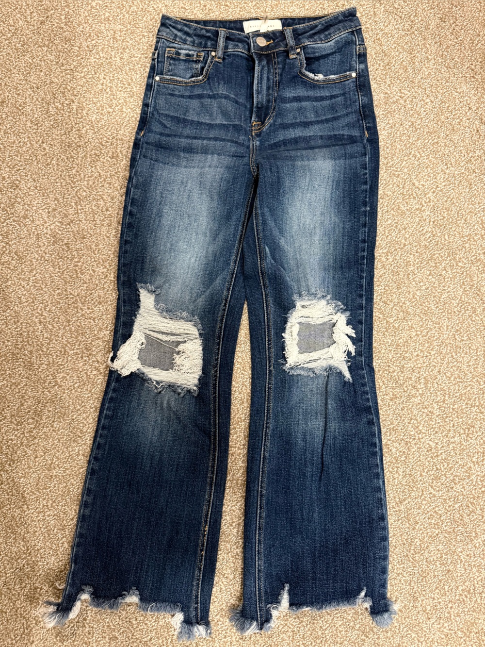 Risen High-Rise Distressed Flare Jeans in Dark Blue
